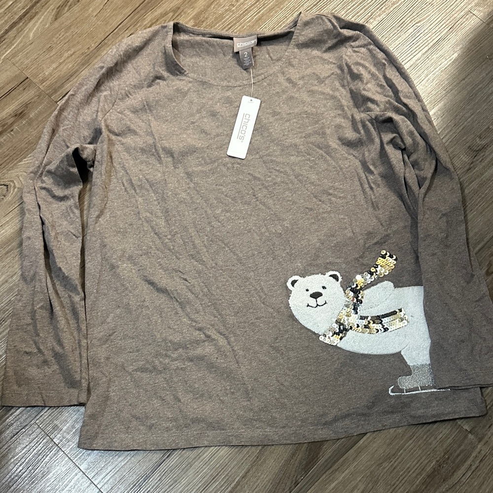 Chico's Brown Long Sleeve Top with Polar Bear Design - Picture 3 of 4